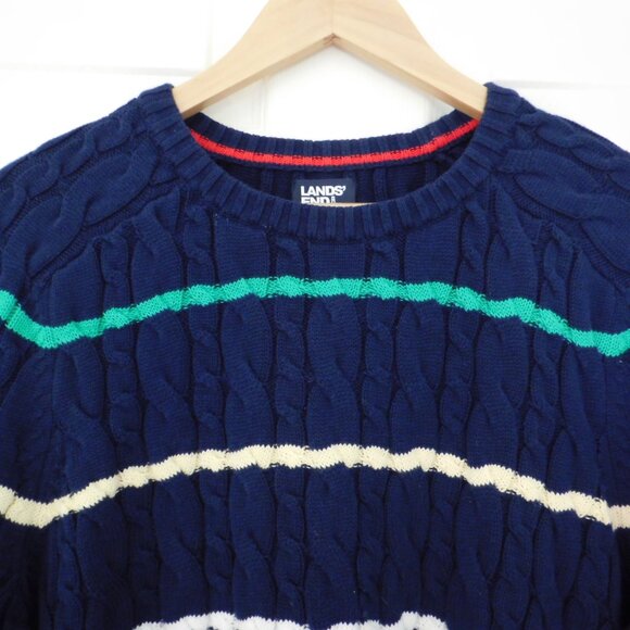 Lands' End Drifter Sweater Crewneck Cable Knit Size Large Cable Knit Striped - Picture 2 of 6